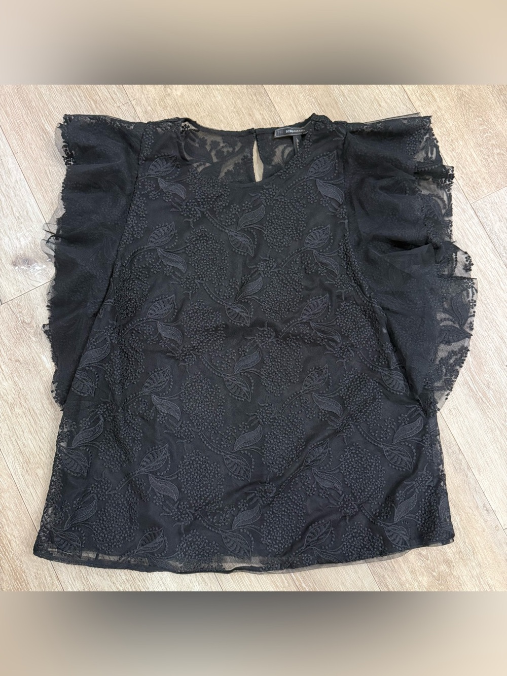 BCBGMaxAzria Black Embroidered Sheer Flutter Sleeve Top